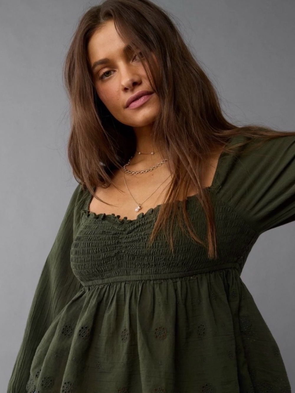 American Eagle Outfitters Olive Smocked Peplum Long-Sleeve Top - Women - Picture 3 of 12